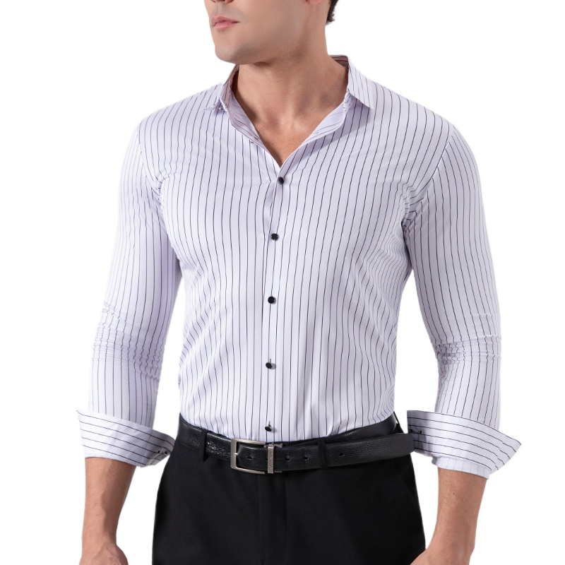 Formal Dress - เสื้อเชิ้ตผู้ชายลายทางสไตล์เรโทร ยืดได้ ไม่ยับ รุ่น 2026 แฟชั่น