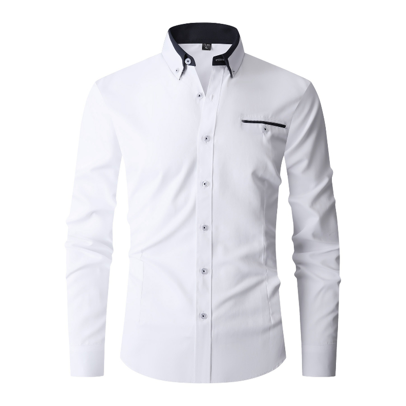 Formal Dress - เสื้อเชิ้ตผู้ชายแขนยาวสีพื้น ผ้ากันยับ แฟชั่นลำลองสไตล์ธุรกิจ สำหรับใส่ทำงานหรือโอกาสต่างๆ มีกระเป๋าเสื้อ สีขาว