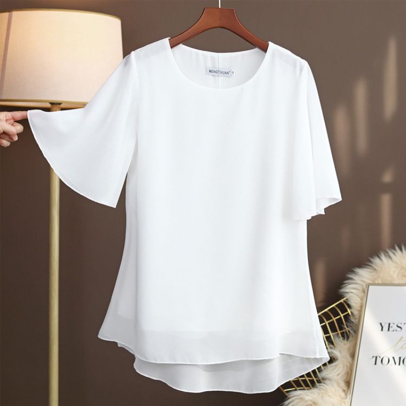 Silk Blouse - เสื้อเชิ้ตผ้าไหมไซส์ใหญ่ ดีไซน์หรูหรา แขนสั้น คอกลม ทรงหลวม ช่วยเก็บหน้าท้อง