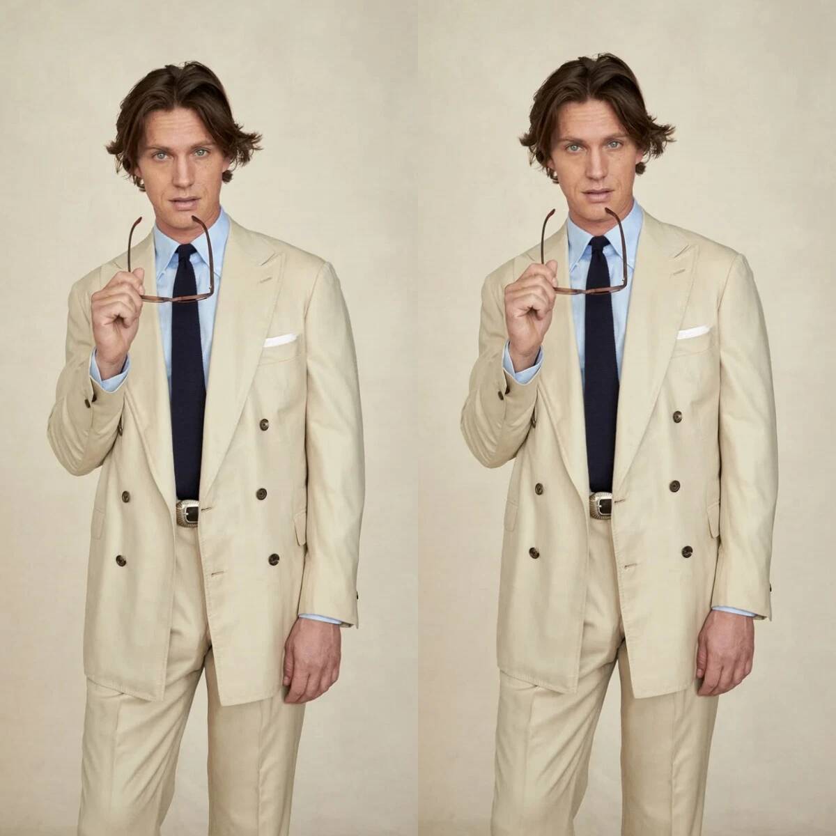 Tailored Trouser Wide - ชุดสูทผู้ชายสีเบจ ปกกว้าง กระดุมสองแถว แบบสองชิ้น ทรงเข้ารูป แจ็คเก็ตและกางเกงขายาว