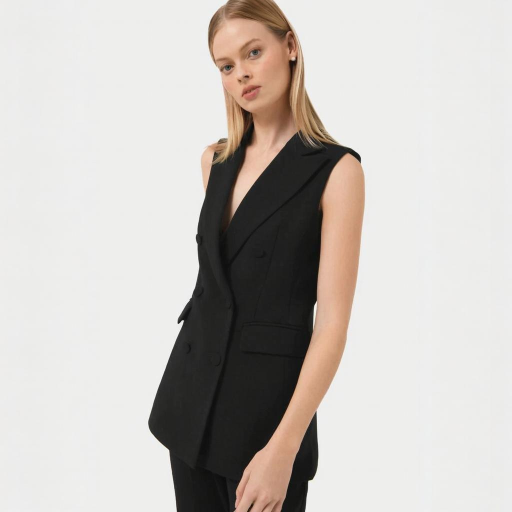Womens Blazer - ชุดสูทกางเกงขายาวแบบไม่มีแขนสำหรับผู้หญิง ชุดเซ็ต 2 ชิ้น สไตล์ลำลองสำหรับธุรกิจ ชุดฤดูร้อน