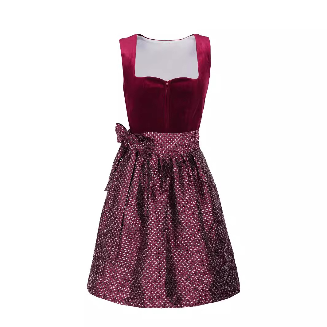 Midi Dress - ชุดคอสเพลย์สาวเสิร์ฟเบียร์เทศกาลอ็อกโทเบอร์เฟสต์สำหรับผู้หญิง ชุดเดรสเดิร์นด์ลพร้อมผ้ากันเปื้อนลูกไม้สีแดง ชุดปาร์ตี้ฮาโลวีน