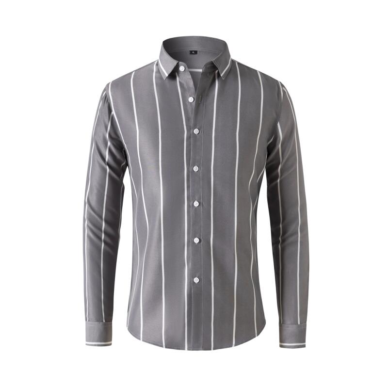 Formal Dress - เสื้อเชิ้ตลายทางแขนยาวทรงเข้ารูปสำหรับผู้ชาย เสื้อทำงานทางการ ผ้าไม่ยับ ใส่ทำงานได้ ใส่ลำลองได้ แฟชั่นเสื้อผ้าผู้ชาย