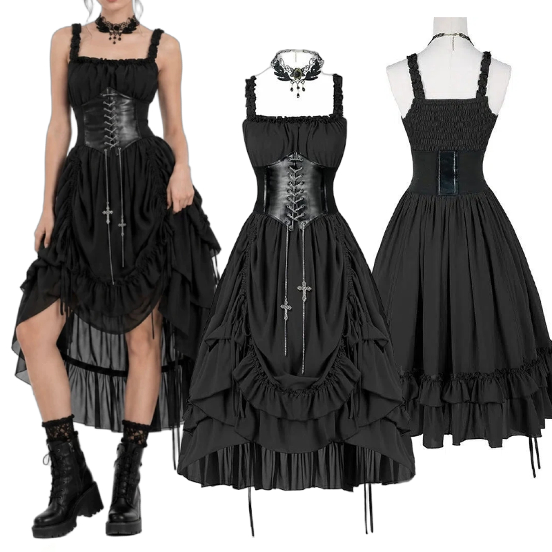 Midi Dress - ชุดเดรสโกธิคผู้หญิง คอร์เซ็ทสีดำ สไตล์พังก์ โลลิต้า ระบายชายไม่สม่ำเสมอ ความยาวปานกลาง