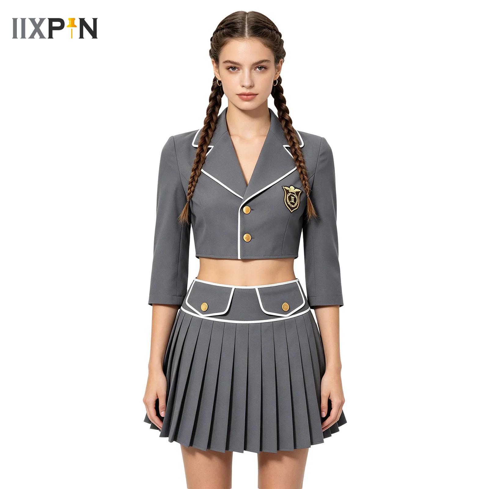 Womens Blazer - ชุดคอสเพลย์นักเรียนญี่ปุ่นสำหรับผู้หญิง เสื้อเบลเซอร์ครอปแขนสามส่วน ปกคอเสื้อ พร้อมกระโปรง สำหรับงานปาร์ตี้ธีมฮาโลวีน