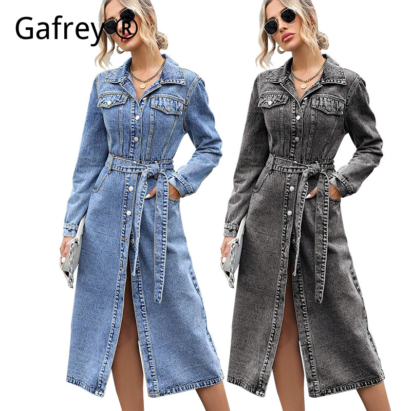 Midi Dress - ชุดเดรสยีนส์แขนยาวสำหรับผู้หญิง ทรงเอเข้ารูป เอวคอด สำหรับฤดูใบไม้ร่วงและฤดูหนาว ชุดเดรสลำลองทรงเข้ารูปความยาวปานกลาง แฟชั่นสตรีทแวร์