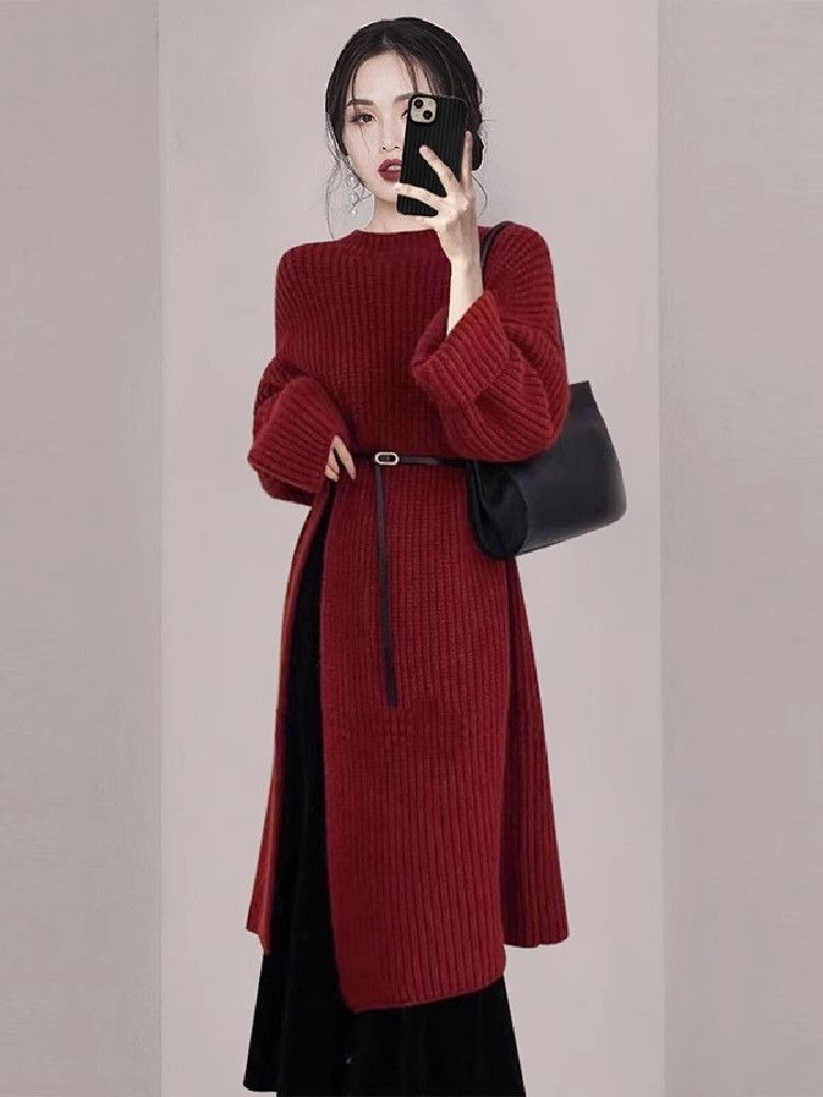 Women'S Red Formal Wear - เดรสไหมพรมสีแดงสำหรับผู้หญิง ดีไซน์หรูหรา แขนยาว ความยาวปานกลาง คลุมเข่า สไตล์ลำลอง