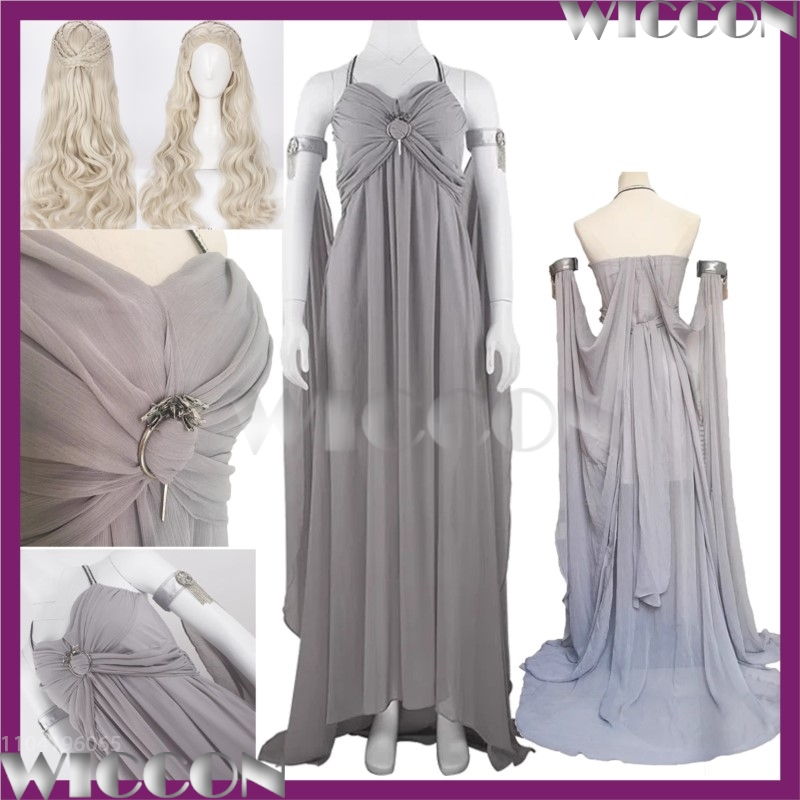 Formal Dress - ชุดพิธีกรรมยุคกลางดาเนียร์สผู้หญิงมารดาแห่งมังกรราชินีทาร์กาเรียนอะนิเมะคอสเพลย์สีเทาเสื้อผ้าวิกผมสีบลอนด์ฮาโลวีนบทบาทสมมติ