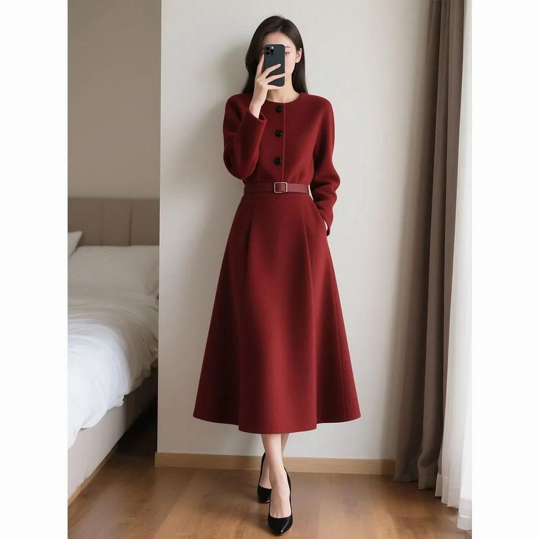 Women'S Red Formal Wear - ชุดเดรสแขนยาวเอวเข้ารูปสไตล์เรโทรสีแดง ให้ความรู้สึกหรูหรา สำหรับผู้หญิง คอลเลกชันใหม่ฤดูใบไม้ร่วง 2026 ชุดเดรสทรงสวยเก๋