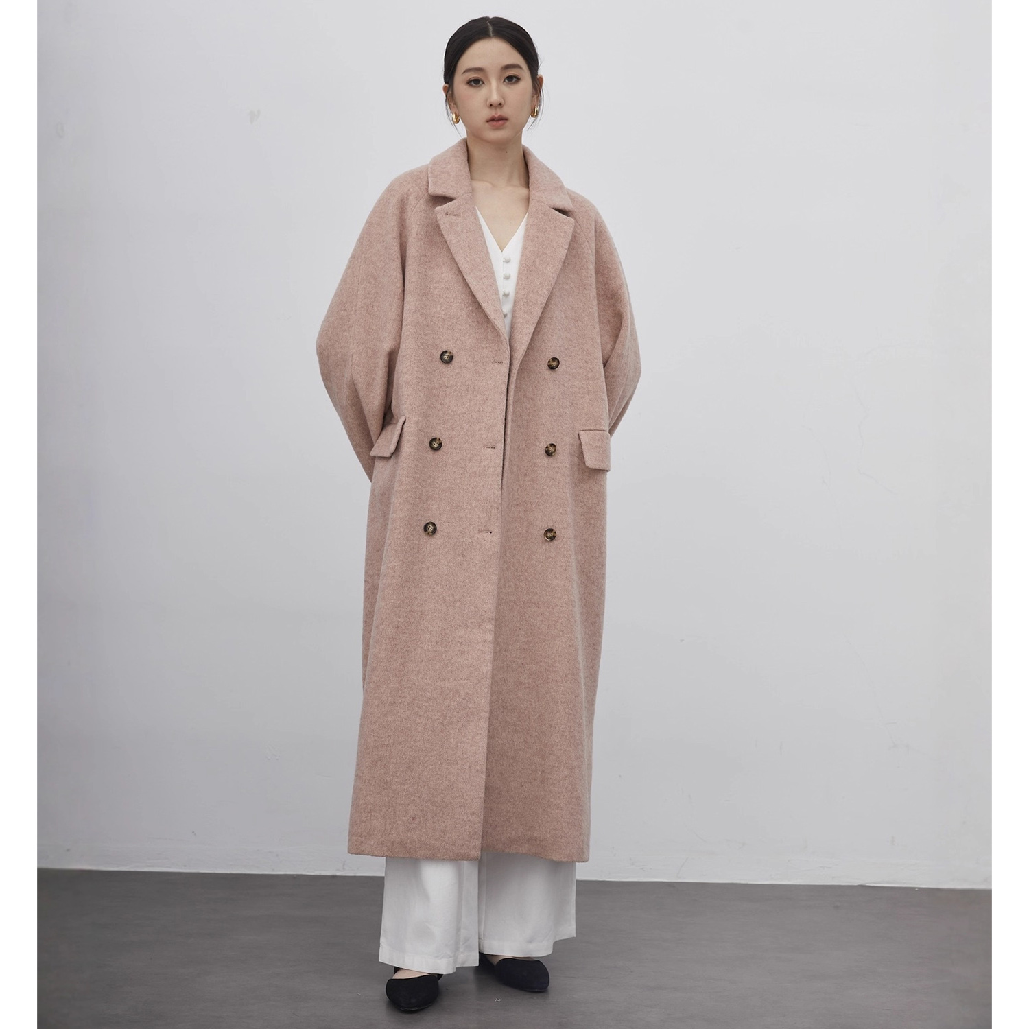 Womens Blazer - เสื้อสูทผู้หญิง Allingentle แบบยาว ผ้าขนสัตว์ สีชมพู กระดุมสองแถว