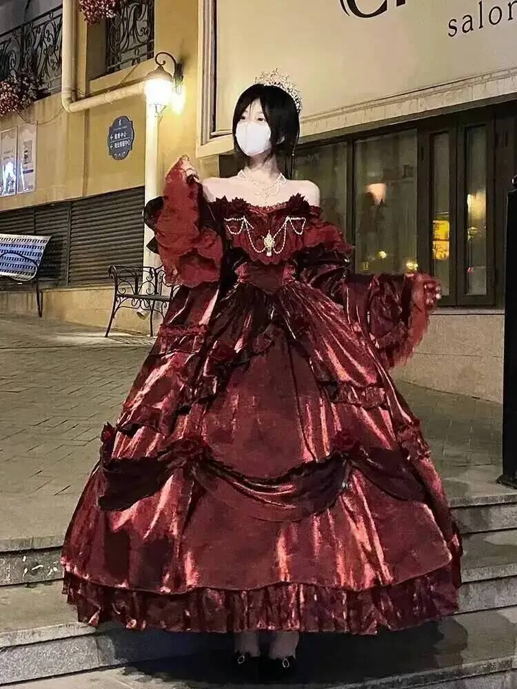 Formal Skirt - ความงามชุดเจ้าหญิงสีแดงLolitaกระโปรงยาวElegant LolitaชุดHeavy Industryกระโปรงดอกไม้ชุดสีแดงสีแดงPassionชุด