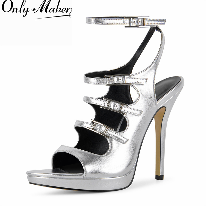Formal Dress - Onlymaker รองเท้าส้นสูงสีเงินสำหรับผู้หญิง พร้อมสายรัดข้อเท้าแบบหลายหัวเข็มขัดโลหะ ดีไซน์เว้าด้านบน พื้นรองเท้าแบบแพลตฟอร์ม เหมาะสำหรับงานทางการและชุดเดรสผู้หญิง
