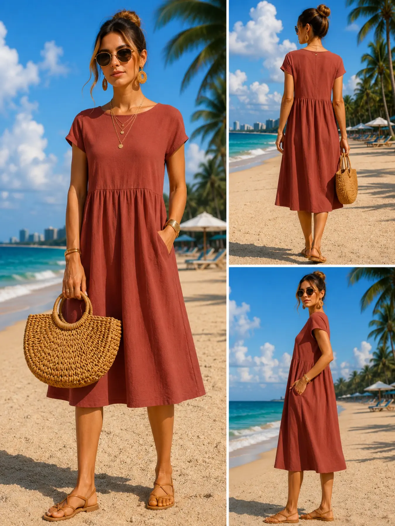 Midi Dress - ชุดเดรสยาวระดับกลางสำหรับผู้หญิง สไตล์ลำลอง มีกระเป๋า แขนสั้นทรงหลวม คอกลม เหมาะสำหรับใส่ไปเที่ยวชายหาดในฤดูร้อน