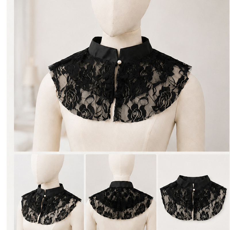 Lace Dress - ผ้าคลุมไหล่คอปกปลอมลายลูกไม้ดอกไม้สุดหรูสำหรับผู้หญิง คอปกตั้ง ถอดออกได้ ใช้ตกแต่งคอเสื้อเชิ้ต เสื้อสเวตเตอร์ หรือชุดเดรส