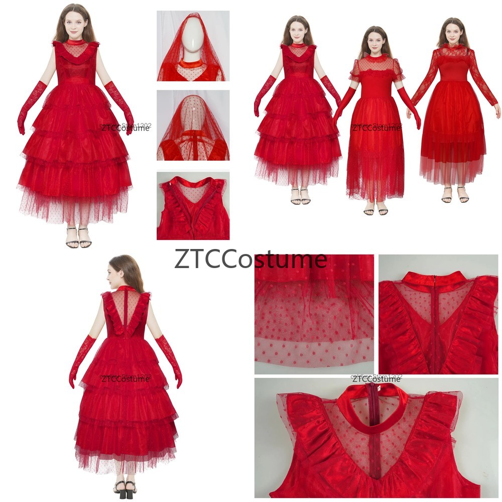 Evening Gown - ลิเดีย เดทซ์คอสเพลย์เครื่องแต่งกายโกธิคสีแดงชุดแต่งงานผ้าคลุมหน้าเจ้าสาวชุดราตรีฮาโลวีนชุดน่ากลัว