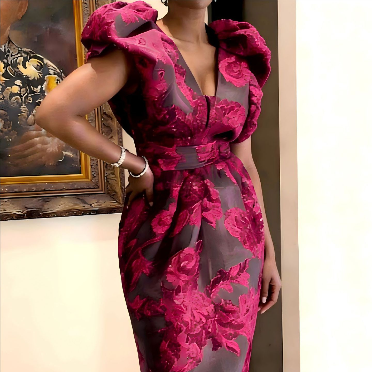 QMANSHA ชุดเดรสค็อกเทลลายดอกไม - Midi Dress บทวิจารณ์และราคา