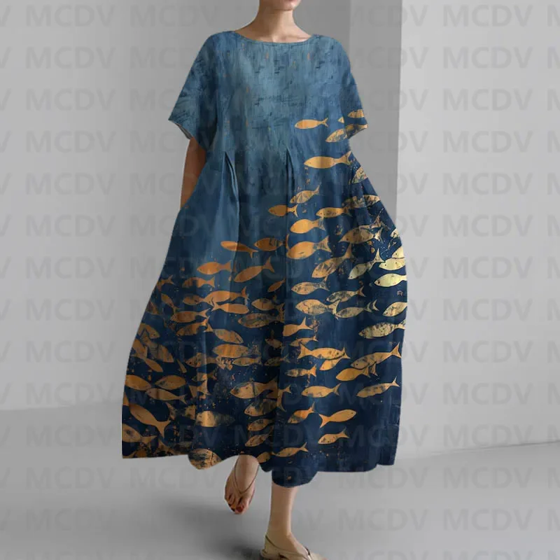 ญี่ปุ่น Vintage Fish Art พิมพ์ - Midi Dress บทวิจารณ์และราคา